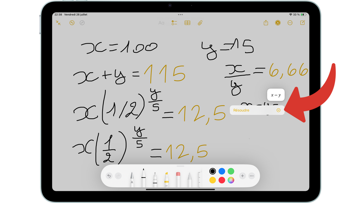 Choisir de résoudre un calcul Math Notes avec iPadoS 18 © Clubic