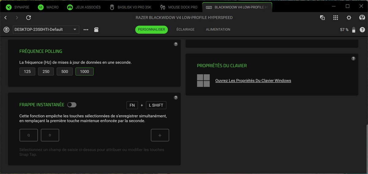 De nombreux paramètres sont réglables sur le BlackWidow V4 Low Profile. ©Charles Gouin-Peyrot pour Clubic