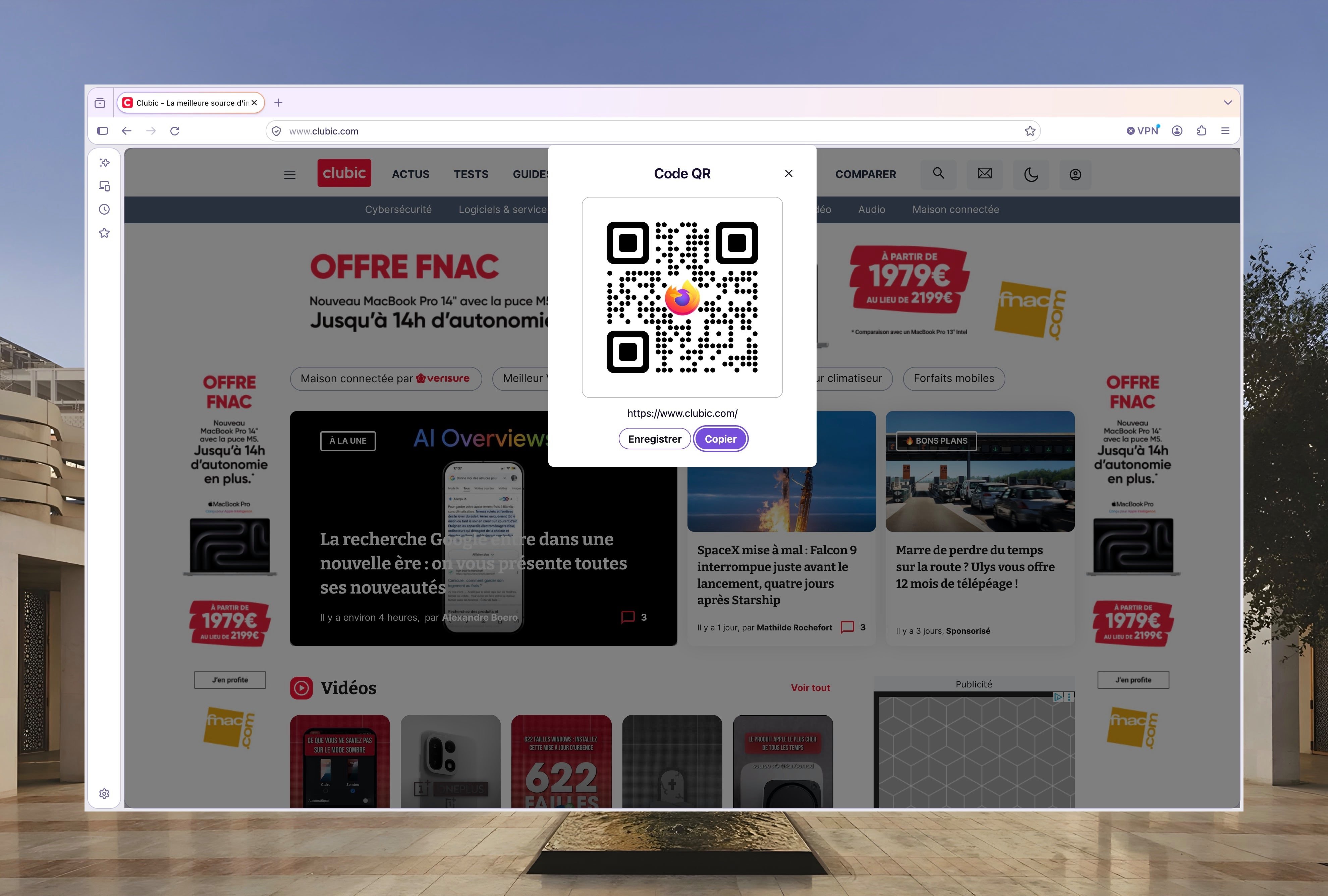 Partage de page par QR Code dans FIrefox 153. © Clubic