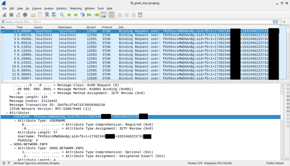 Le script Meta Pixel injecte ici l’identifiant pseudonyme _fbp dans une requête envoyée à l’adresse locale 127.0.0.1, sur des ports ouverts par les apps Facebook ou Instagram. L’identifiant apparaît dans le champ "USERNAME", que les applications lisent pour le recouper avec un profil utilisateur. © Local Mess
