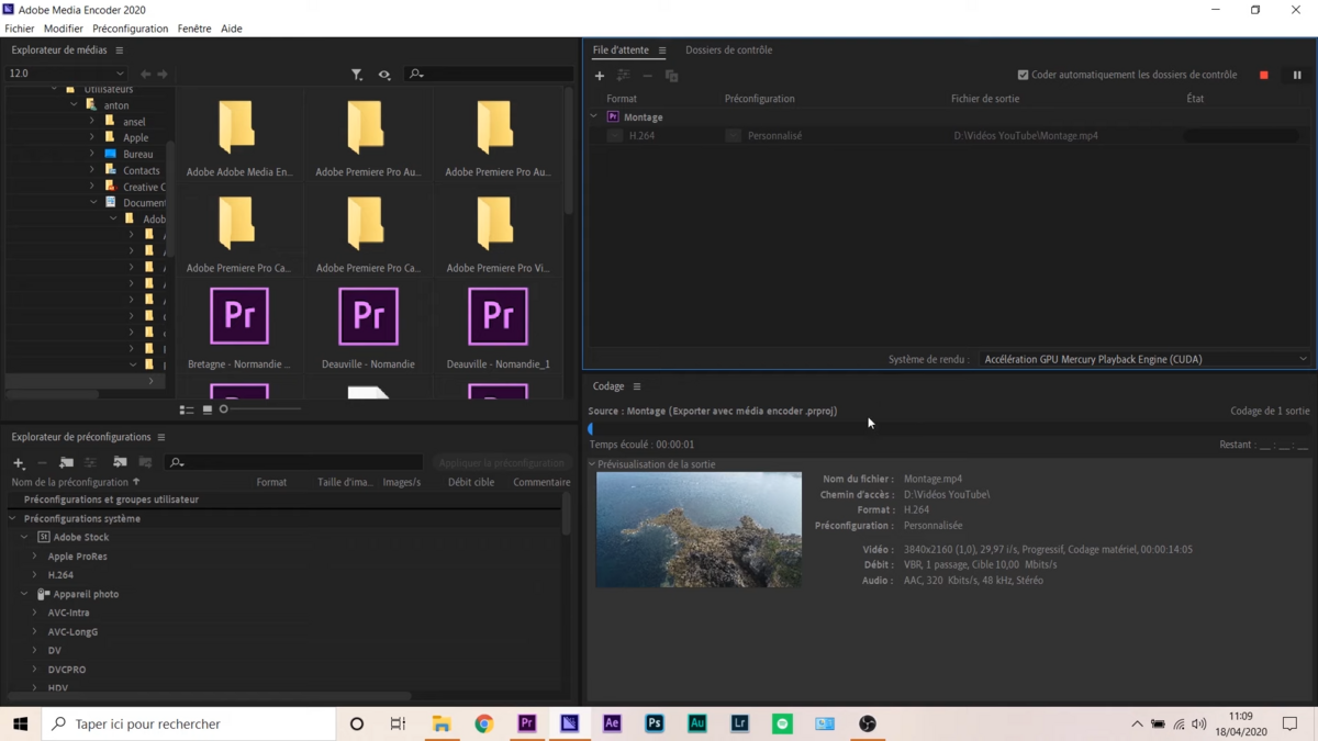 Interface de Media Encoder montrant des projets vidéo de Premiere Pro alignés pour l'encodage, avec un aperçu du rendu en action.