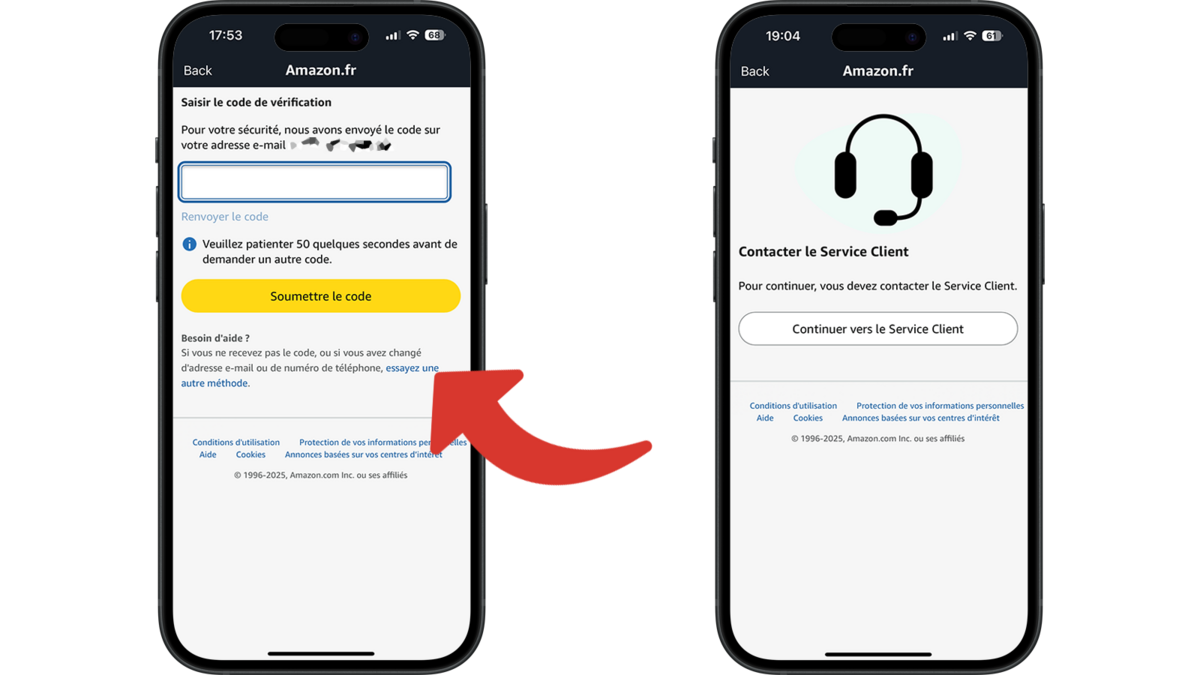 Contacter le Service Client d'Amazon si le code de vérification n'est pas reçu © Clubic