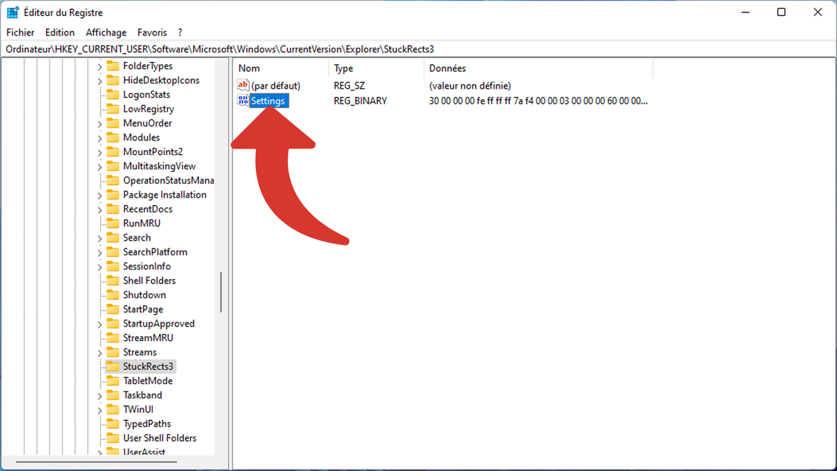 Éditeur du Registre : ouvrir la valeur Settings © Clubic
