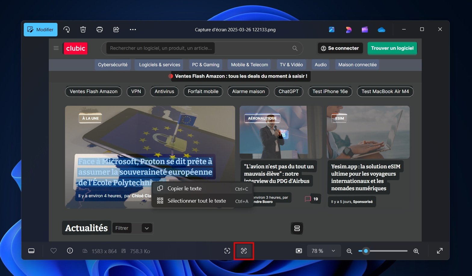 Microsoft Photos intègre enfin la fonctionnalité OCR dont le déploiement avait été suspendu en fin d'année dernière © Clubic