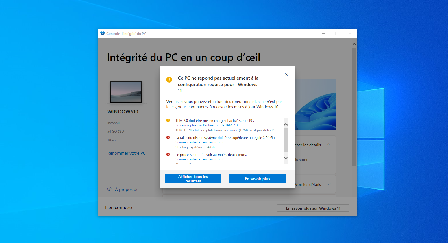 PC Health Check effectue un premier diagnostic de votre PC et vous permet de savoir ce qui bloque éventuellement la mise à jour vers Windows 11. © Clubic