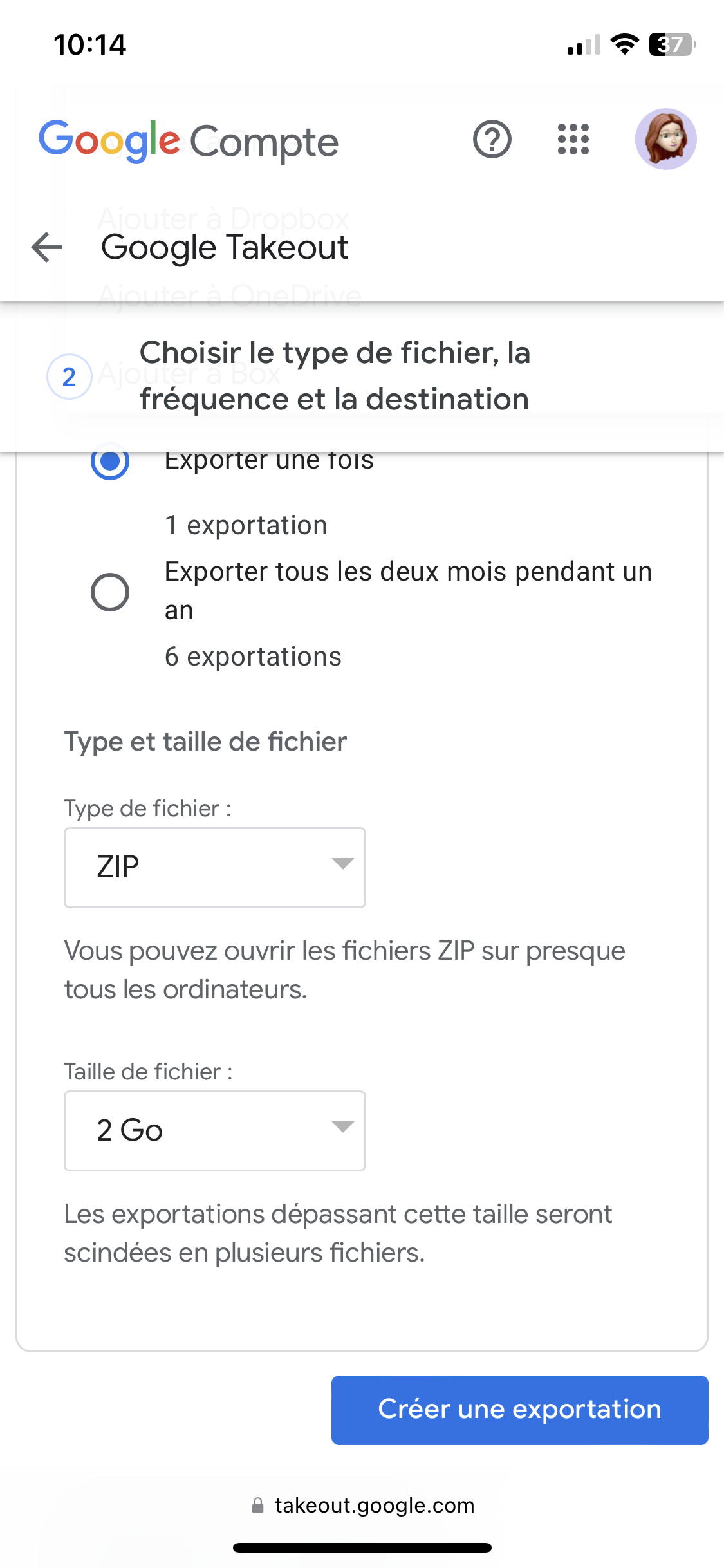 Google Takeout - réglages de l'archive