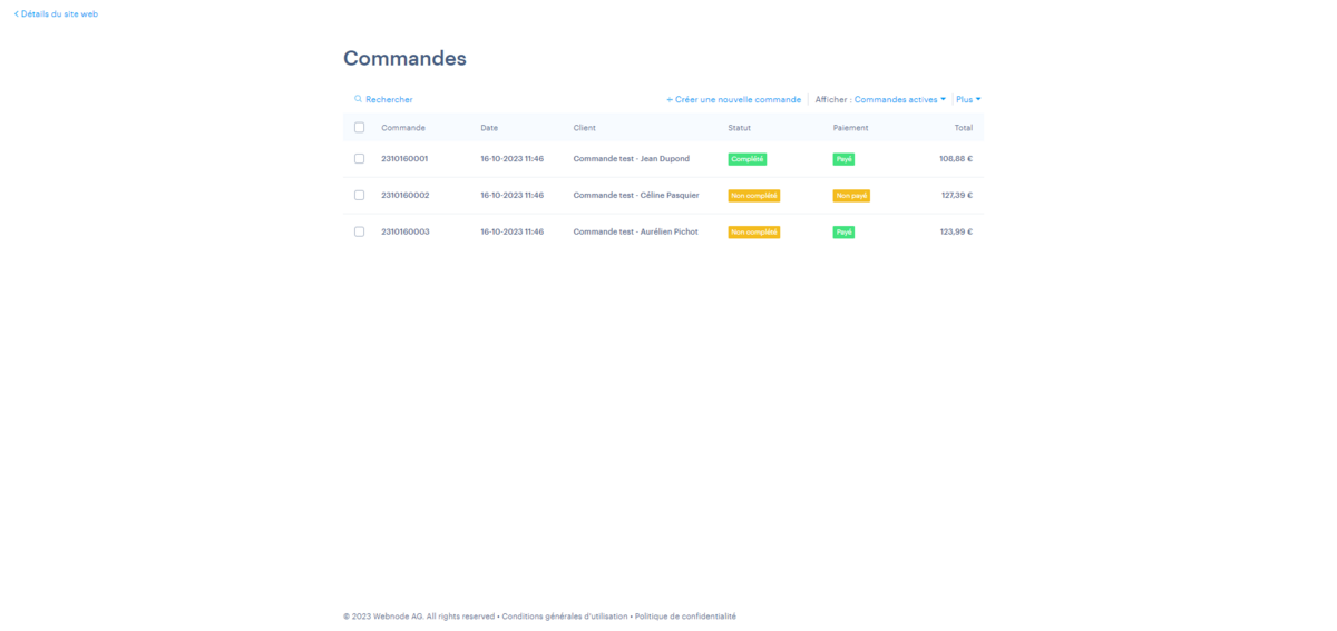 Liste des commandes © Webnode