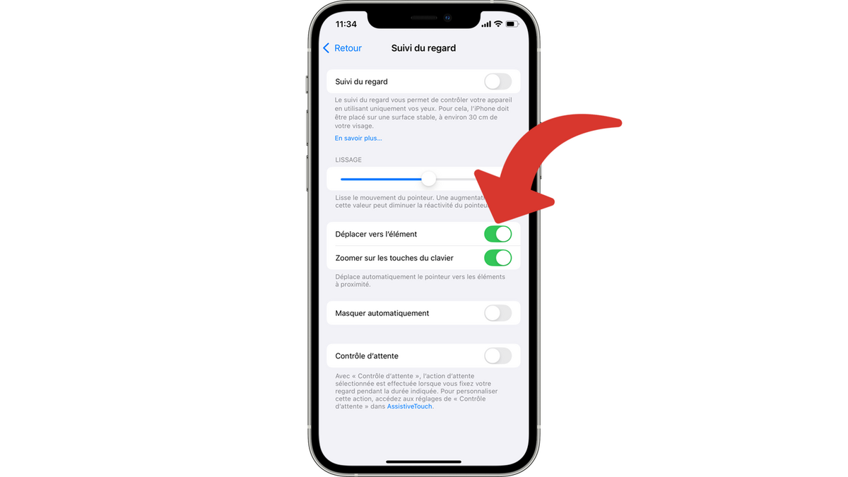 Activer déplacer vers l'élément pour faciliter le contrôle de l'iPhone par les yeux © Clubic