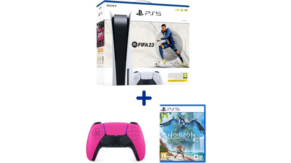 Le pack PS5 avec FIFA 23, une manette rose et Horizon Forbidden West