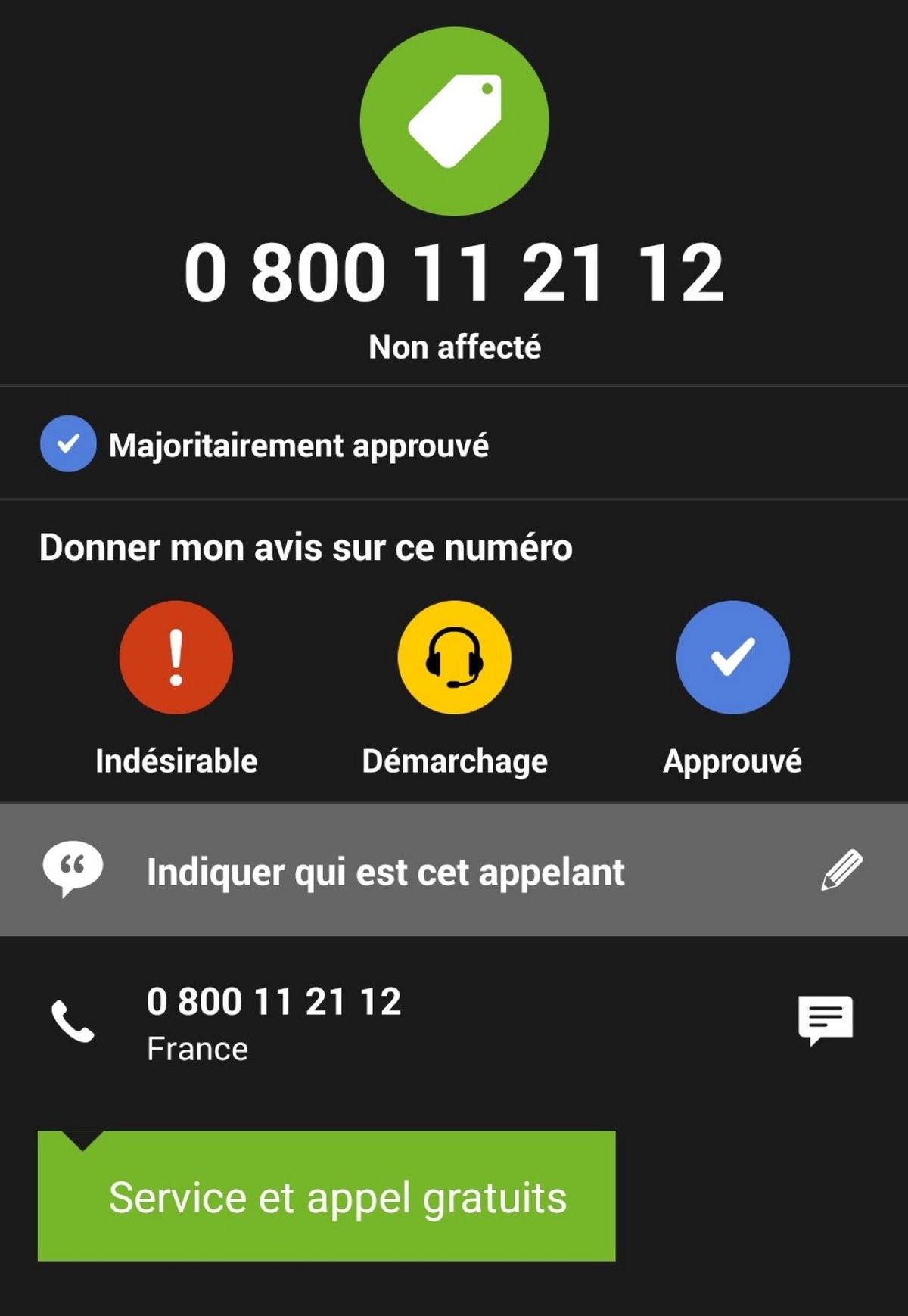 L'application Orange Téléphone indique ce numéro comme "majoritairement approuvé" - Capture d'écran © Mélina Loupia pour Clubic