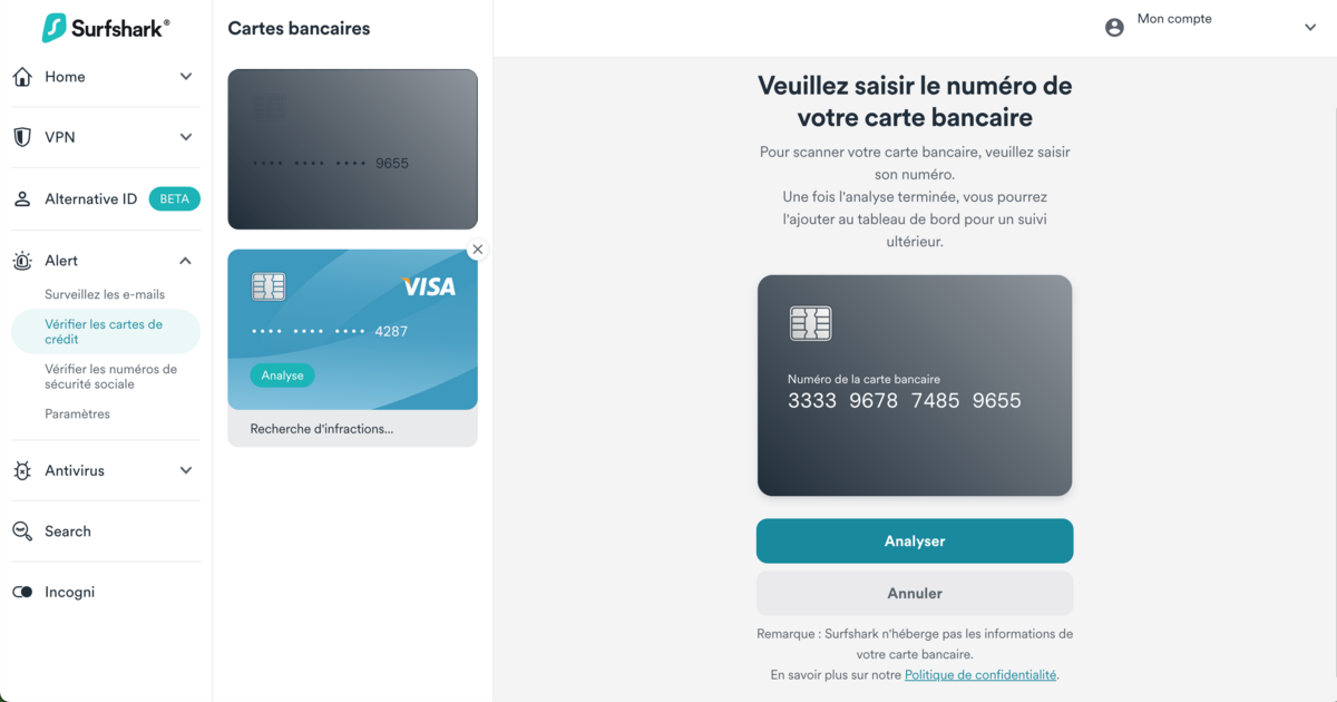 Surfshark Alert surveille en temps réel que vos informations confidentielles, comme vos numéros de CB, ne fuitent pas sur le dark web © Clubic