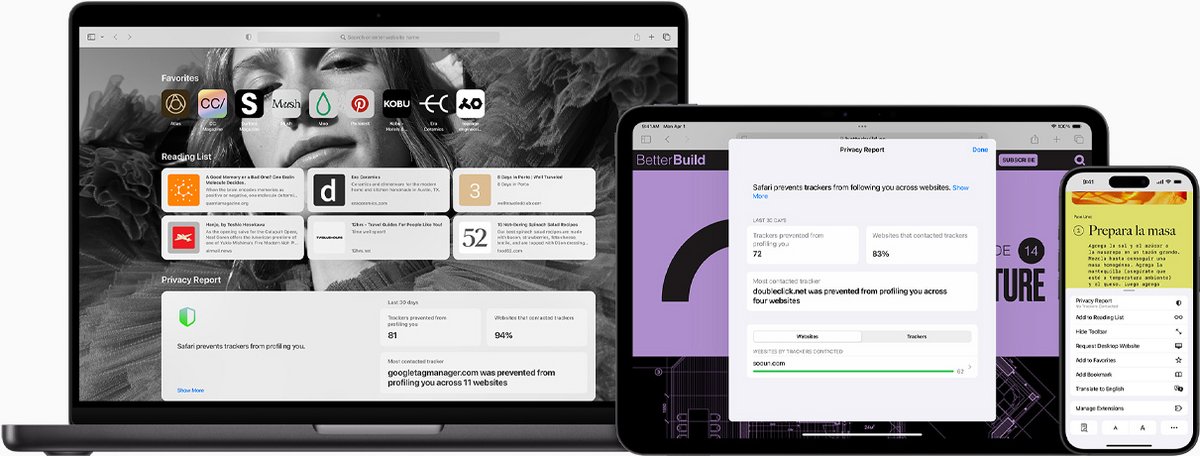 Safari sur Mac, iPad et iPhone avec rapports de confidentialité et synchronisation iCloud pour une navigation fluide et sécurisée. - © Safari