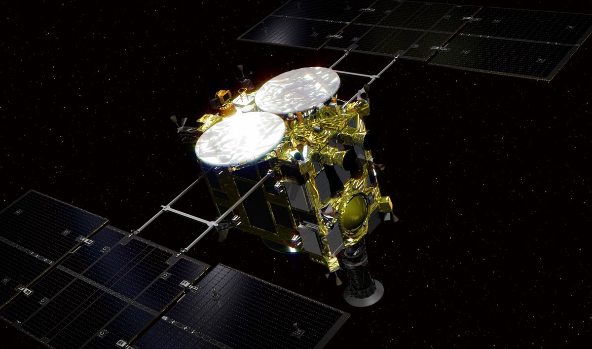 Vue d'artiste de la sonde Hayabusa2. On voit sur le côté la capsule de retour d'échantillons qui est revenue sur Terre aujourd'hui. Crédits ISAS/JAXA