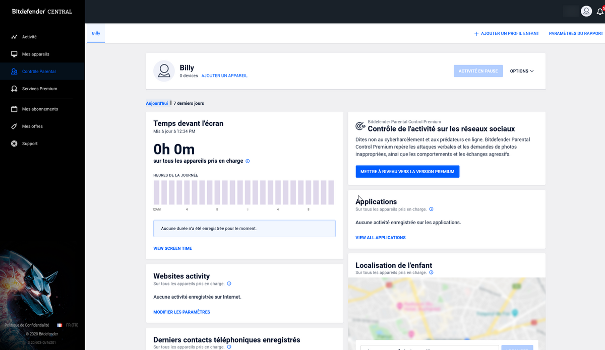  Interface du contrôle parental sous Bitdefender