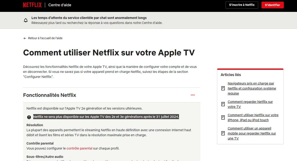 L'annonce de la fin de la prise en charge par Netflix des Apple TV 2è et 3è gen. © Netflix