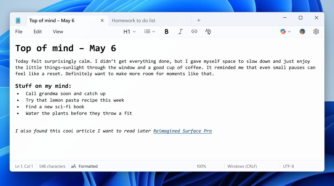 Un formattage enrichi dans la nouvelle version du bloc notes de Windows - ©Windows