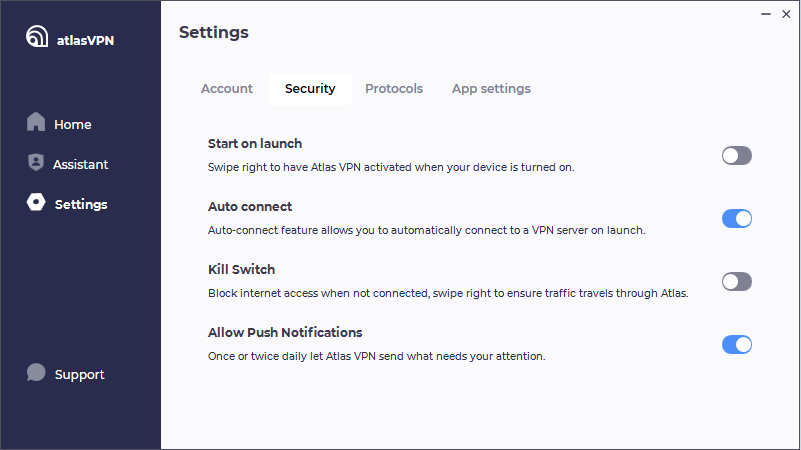 Atlas VPN - Les réglages de sécurité