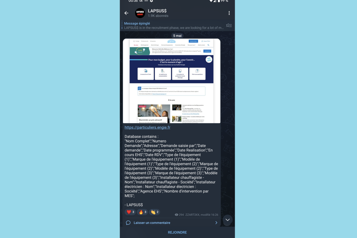 Capture d'écran de la publication du groupe Lapsus$ © Alexandre Boero / Clubic