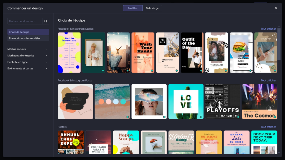 De nombreux modèles sont disponibles lors de la création d'un visuel.