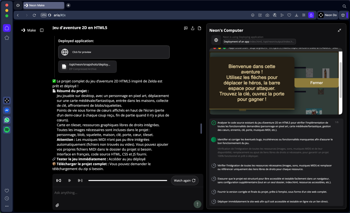 Neon Make confirme que mon jeu est terminé. Je directement y accéder dans le navigateur, et télécharger les fichiers du projet. © Clubic