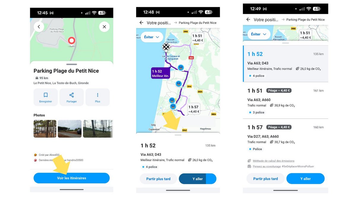 Waze propose plusieurs itinéraires. ©Waze