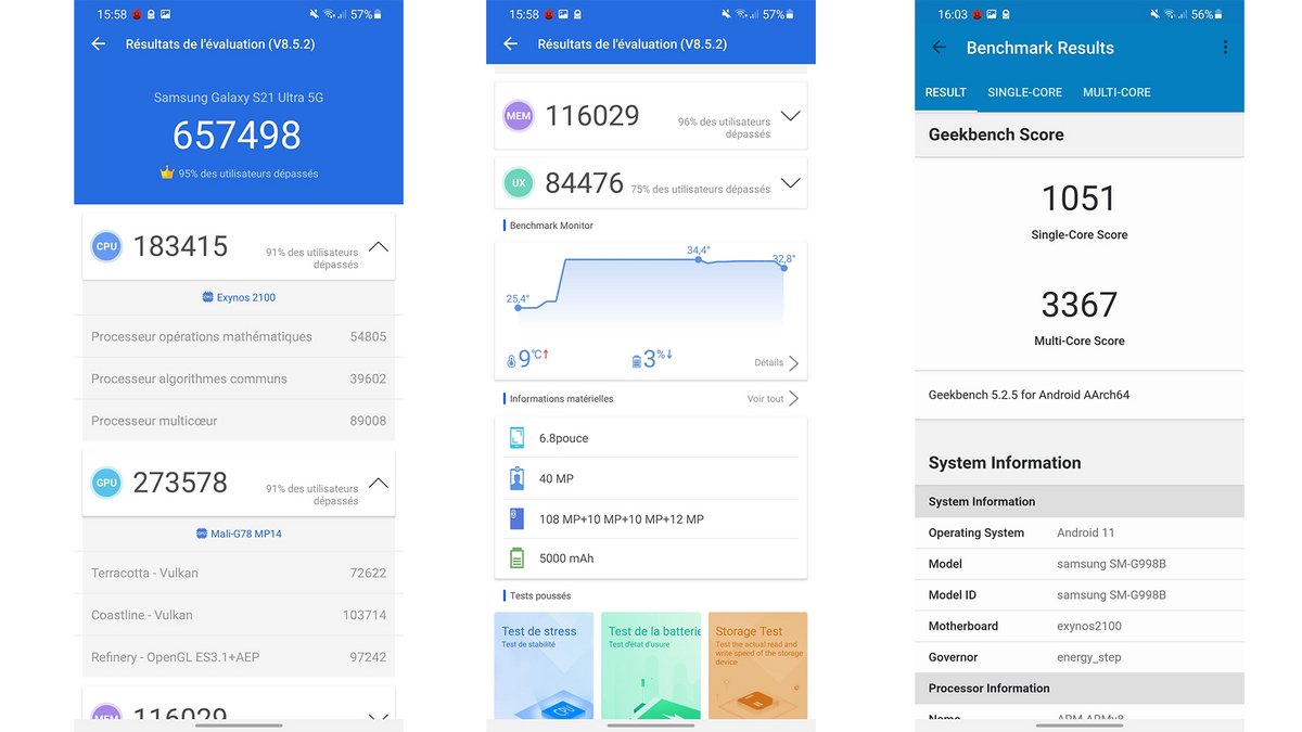 Benchmarks de l'iPhone 13 Pro à gauche, du Galaxy S21 Ultra à droite.