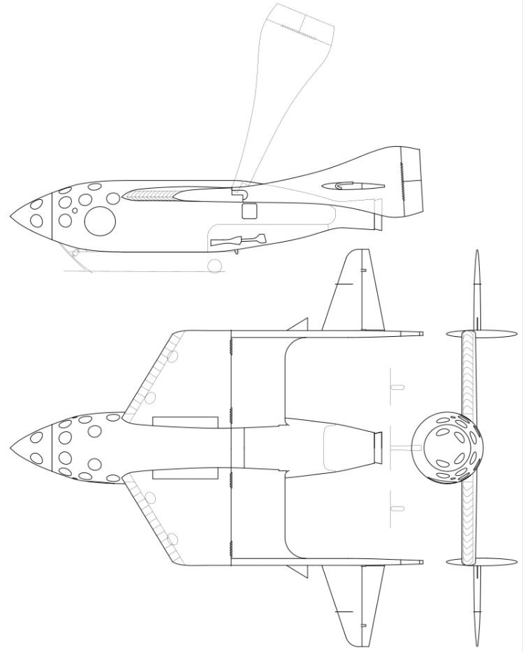 On voit bien ici le système de queue pivotante de SpaceShipOne, clé de la rentrée atmosphérique de l'avion fusée. Crédits Wikipedia/Kaboldy