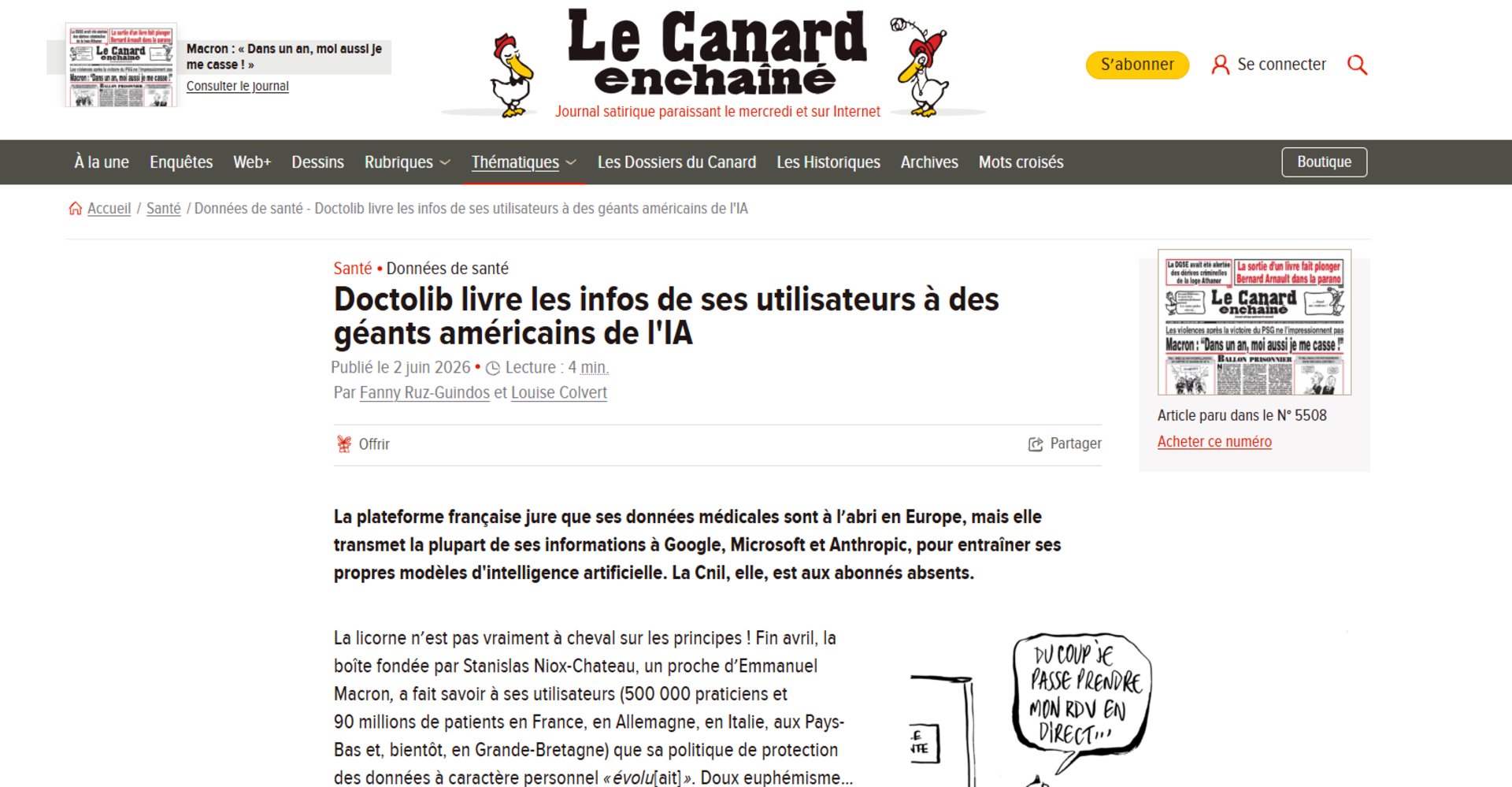 Capture d'écran de l'article du Canard enchaîné. © Clubic