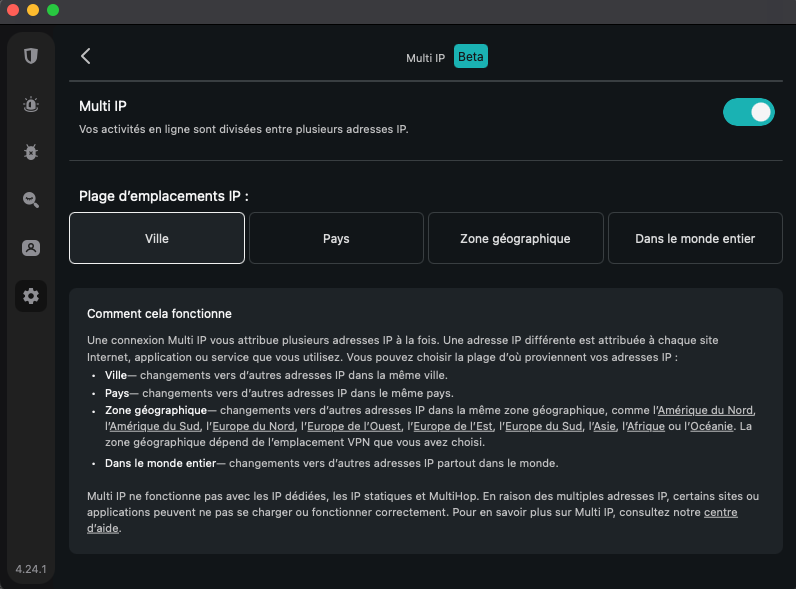Surfshark VPN - L'option Multi-IP (sur macOS). © Clubic