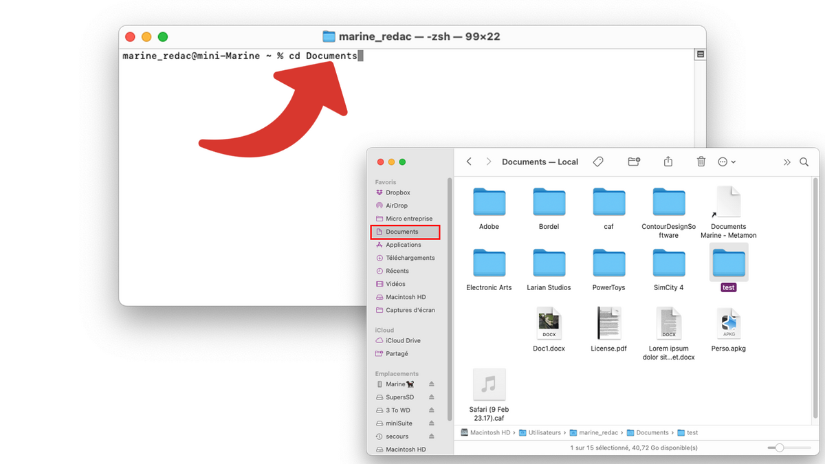 Dans le Terminal, entrer dans le dossier Documents © Clubic