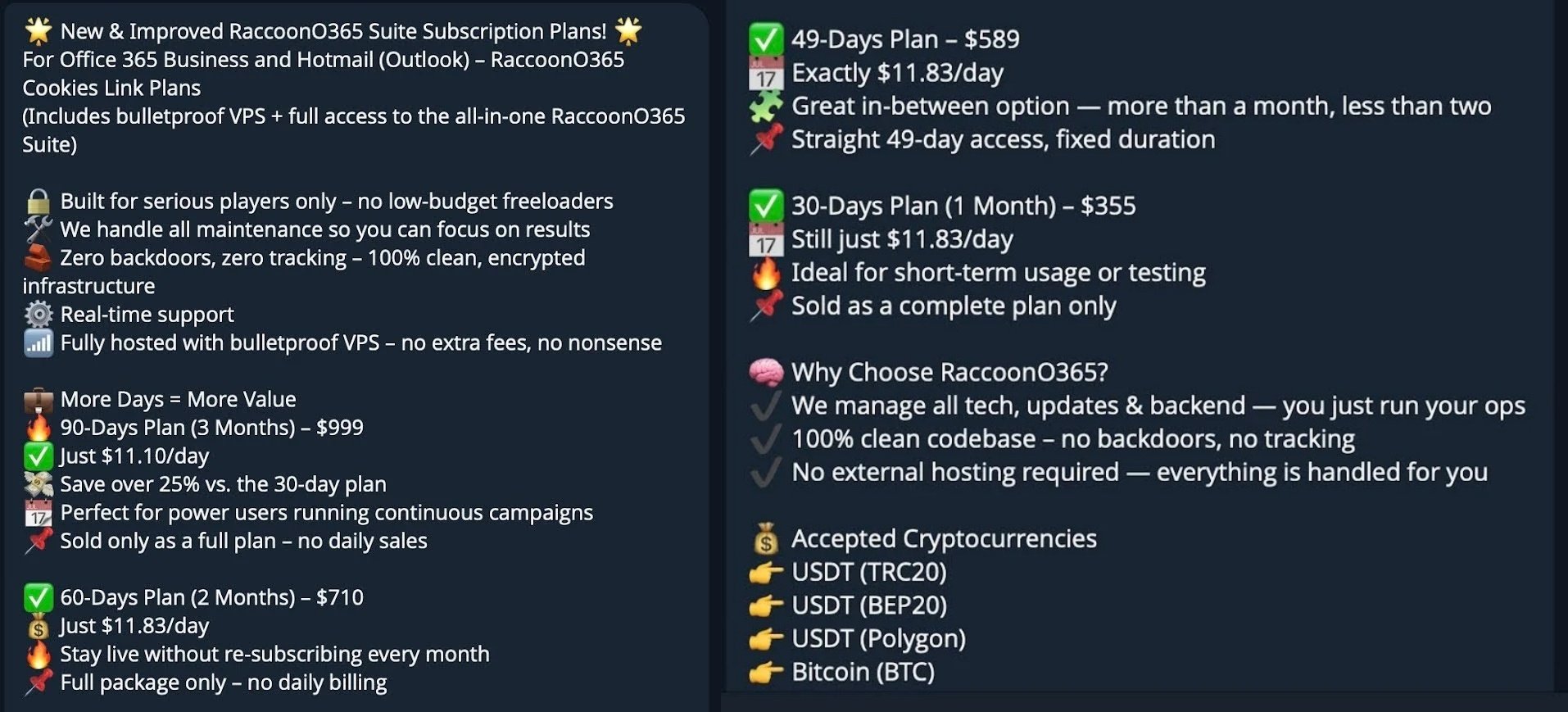 Plans et tarifs des abonnements proposés par les opérateurs de RacconO365. © Cloudflare