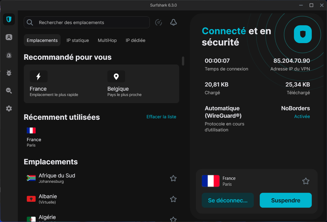 Surfshark VPN - L'interface de connexion. © Clubic