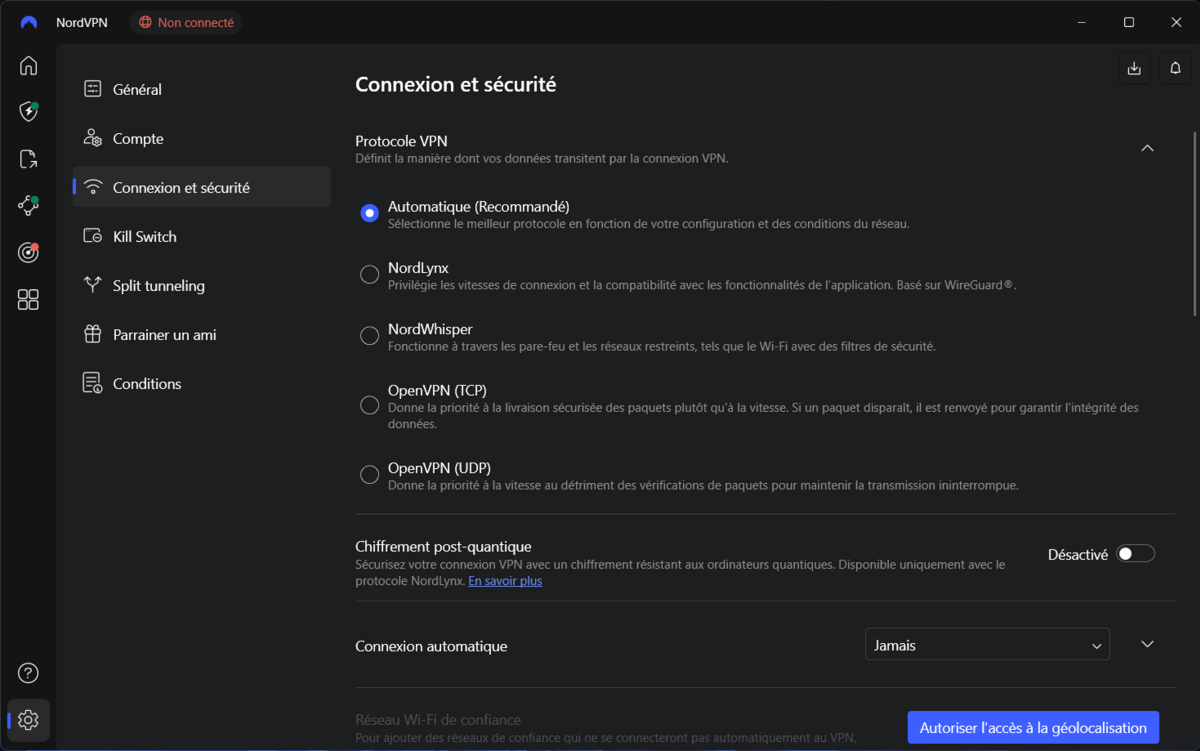 NordVPN -  Les paramètres de connexion et le choix des protocoles. © Clubic