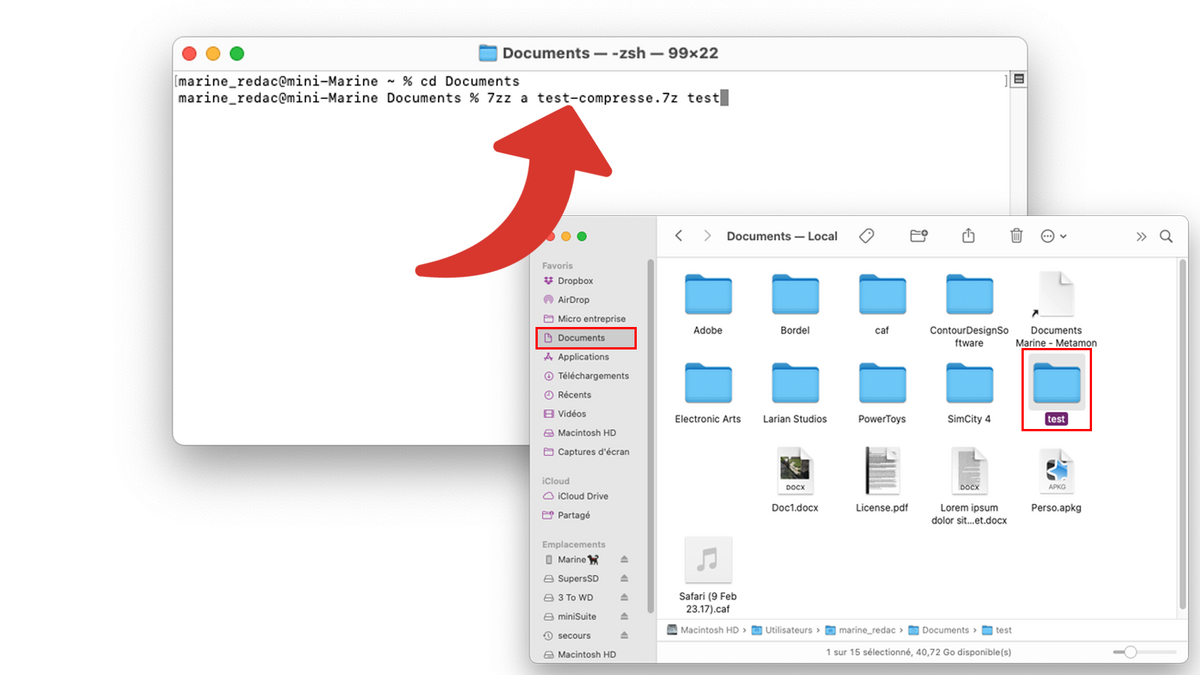 Saisir la commande pour compresser un dossier avec 7-Zip sur Mac © Clubic