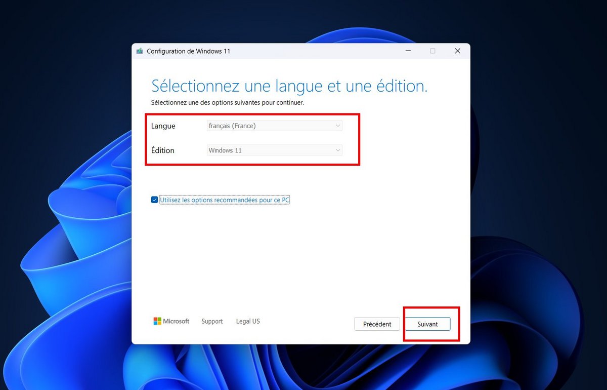 Sélectionnez la langue et l'édition de Windows 11 à installer © Clubic