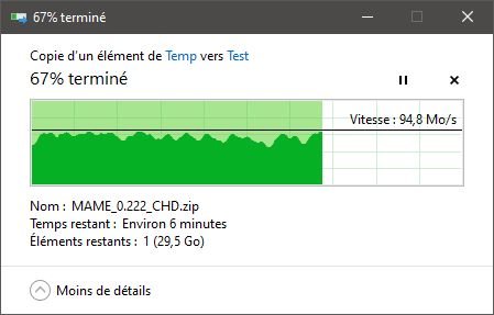 Performances mesurées en copie de fichiers sous Windows 10 en RAID 1 @ 1GbE © Nerces pour Clubic