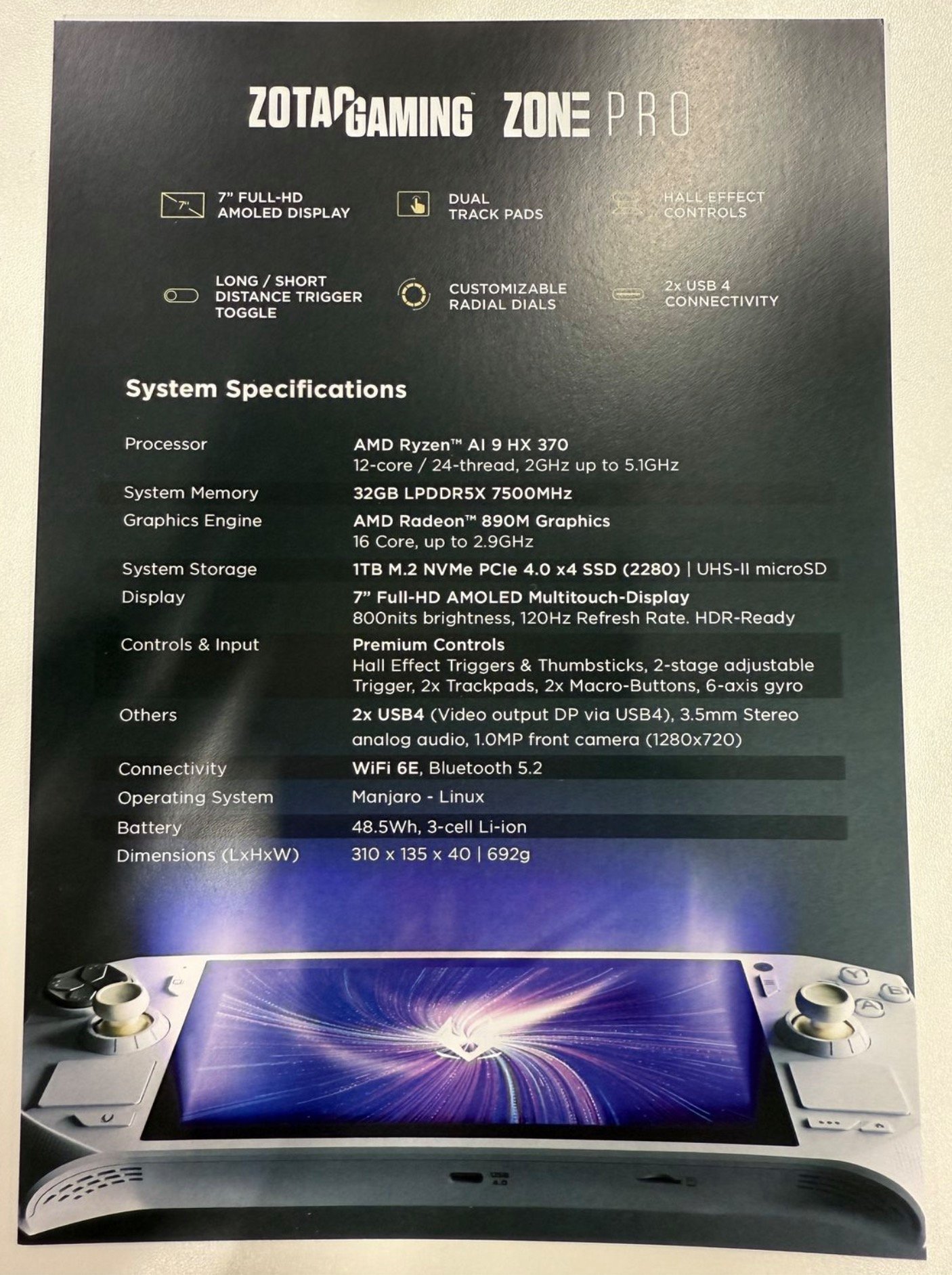 La fiche technique de la nouvelle Zotac Zone Pro, aperçue à Cologne. © PC Games Hardware