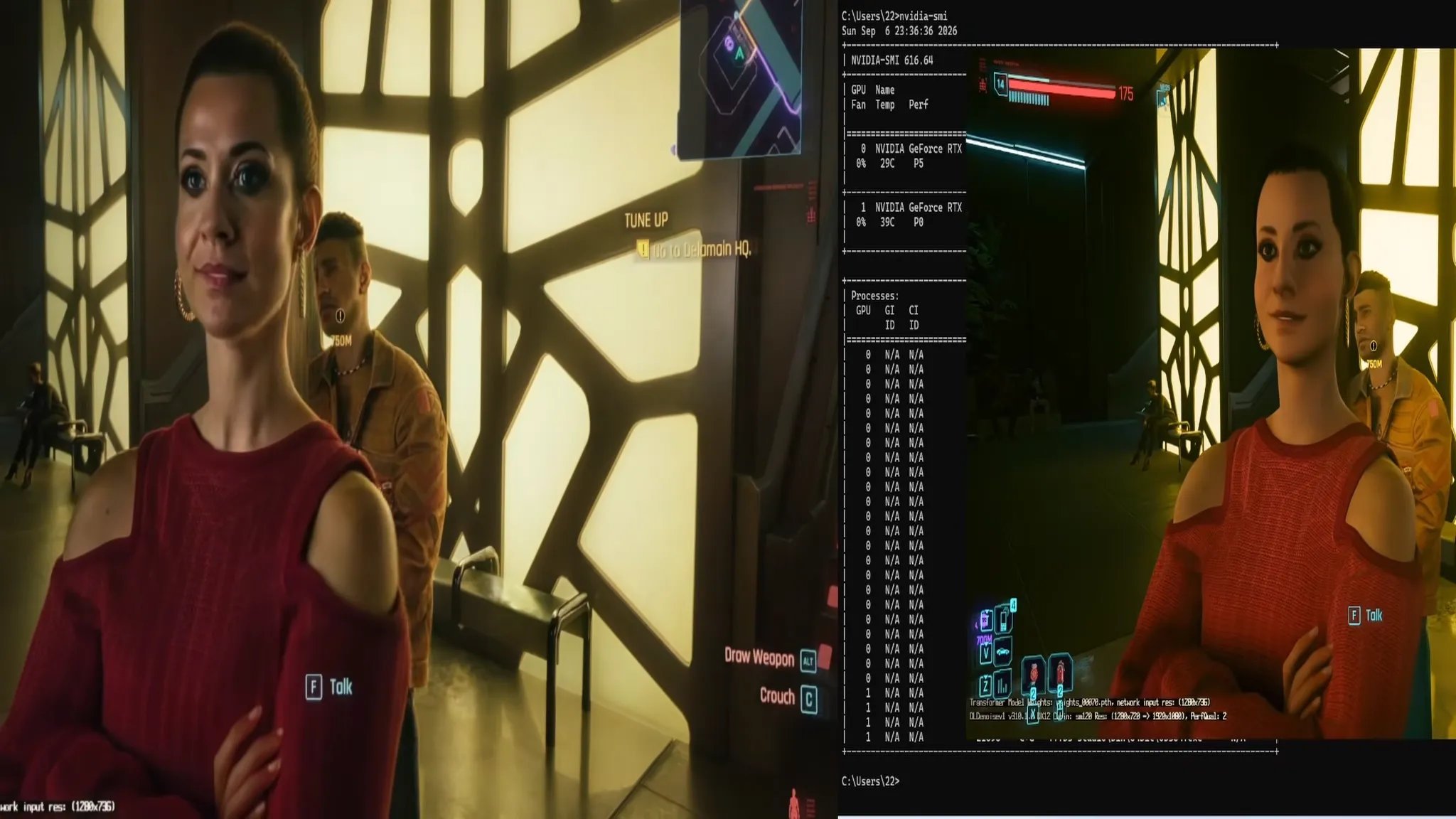 Le rendu de Cyberpunk 2077 sur une carte, l'application de DLSS 5 sur une autre. © VideoCardz