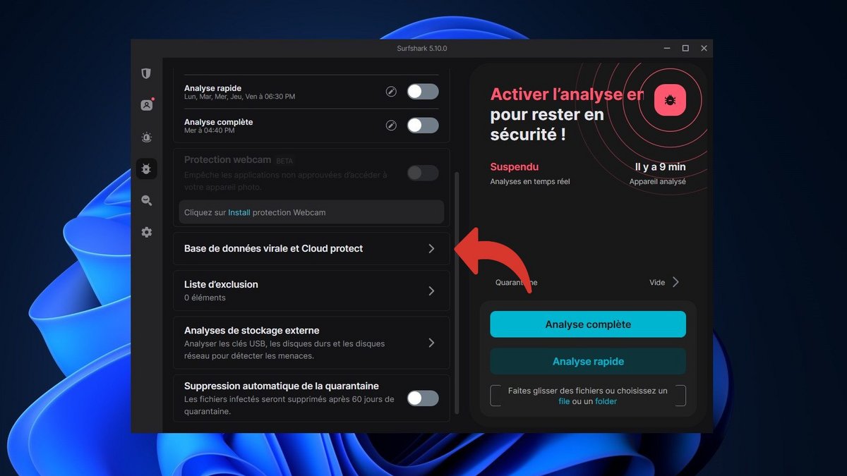 Surfshark Antivirus - Accédez aux réglages de la base de données virale © Clubic