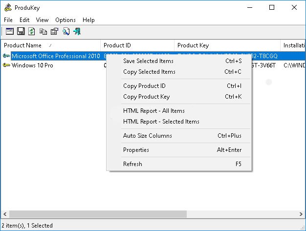 ProduKey affichant la liste des clés de produit détectées pour Internet Explorer et Windows 10 Home. - © ProduKey