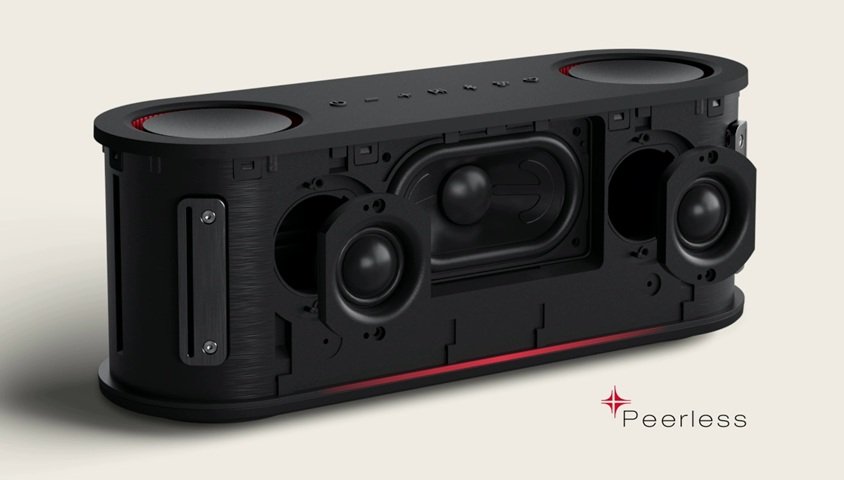 Une vue intérieure dévoile le trio woofer 30 W + 2 tweeters 5 W ©  LG