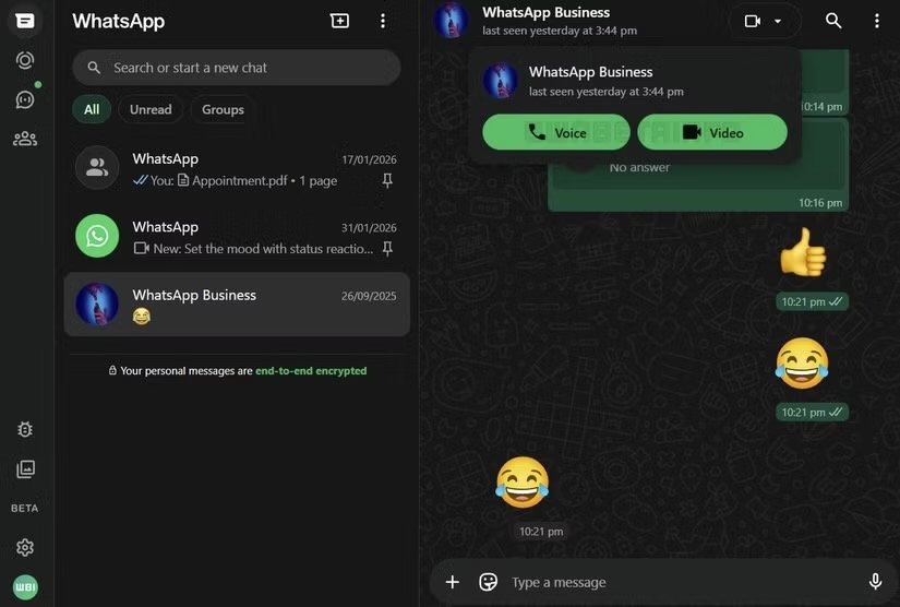 Les appels vidéo et vocaux arrivent enfin dans la version de test de WhatsApp Web. ©Meta / WABetaInfo