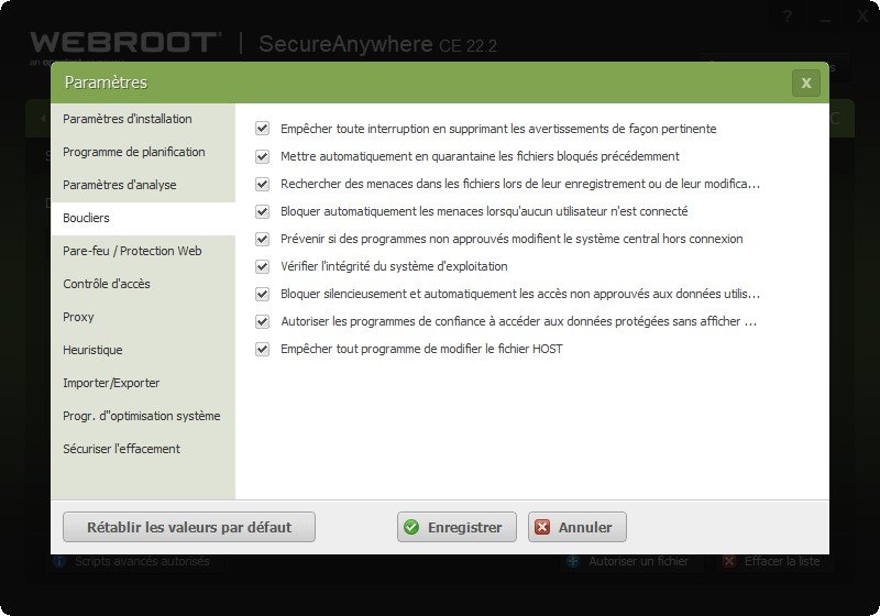 Webroot - Activation des boucliers