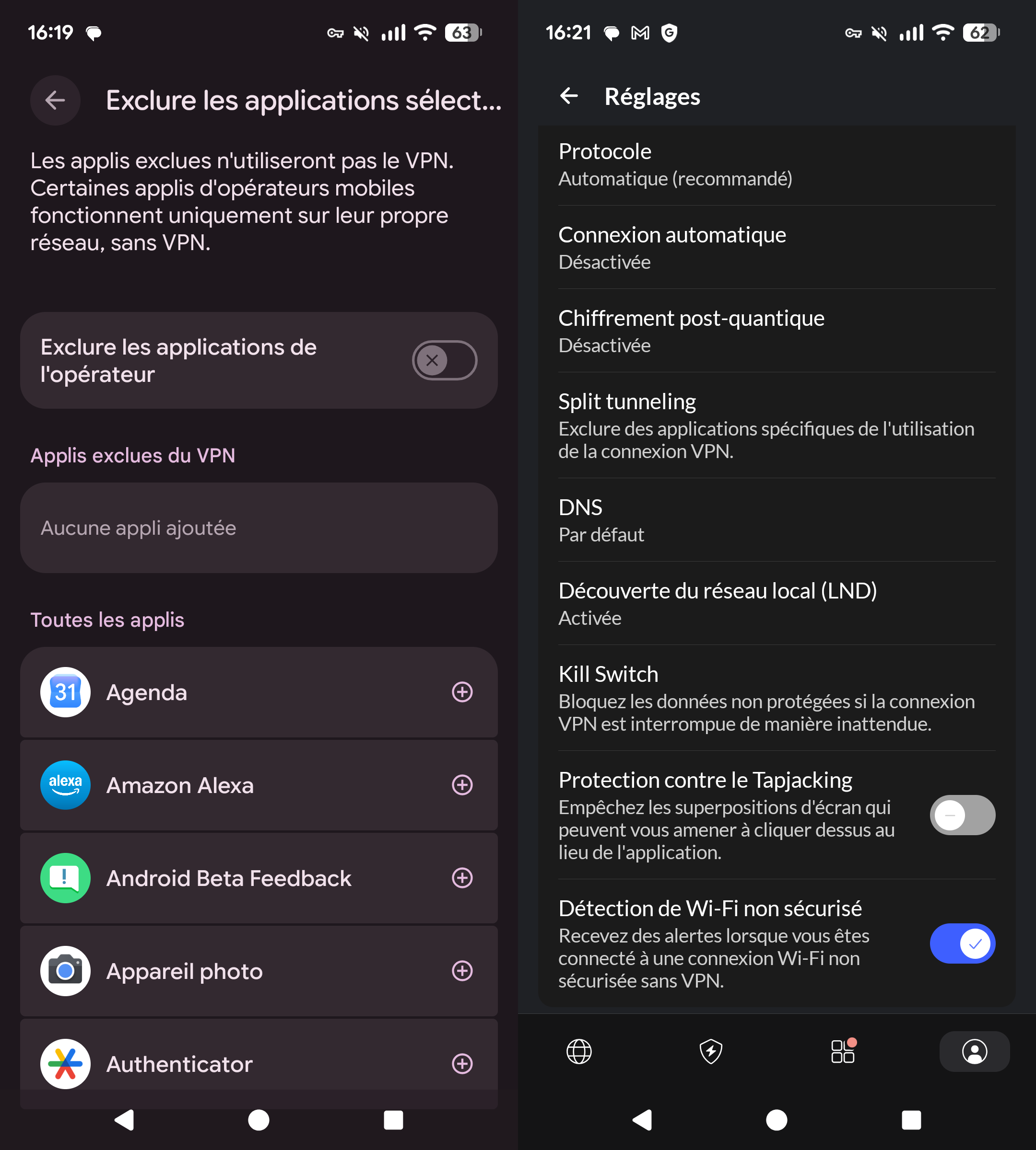 Alors que le VPN de Google propose uniquement un split tunneling d'applications, NordVPN embarque une série de réglages avancés comme le kill switch, le chiffrement post-quantique ou encore une protection contre le tapjacking. © Clubic