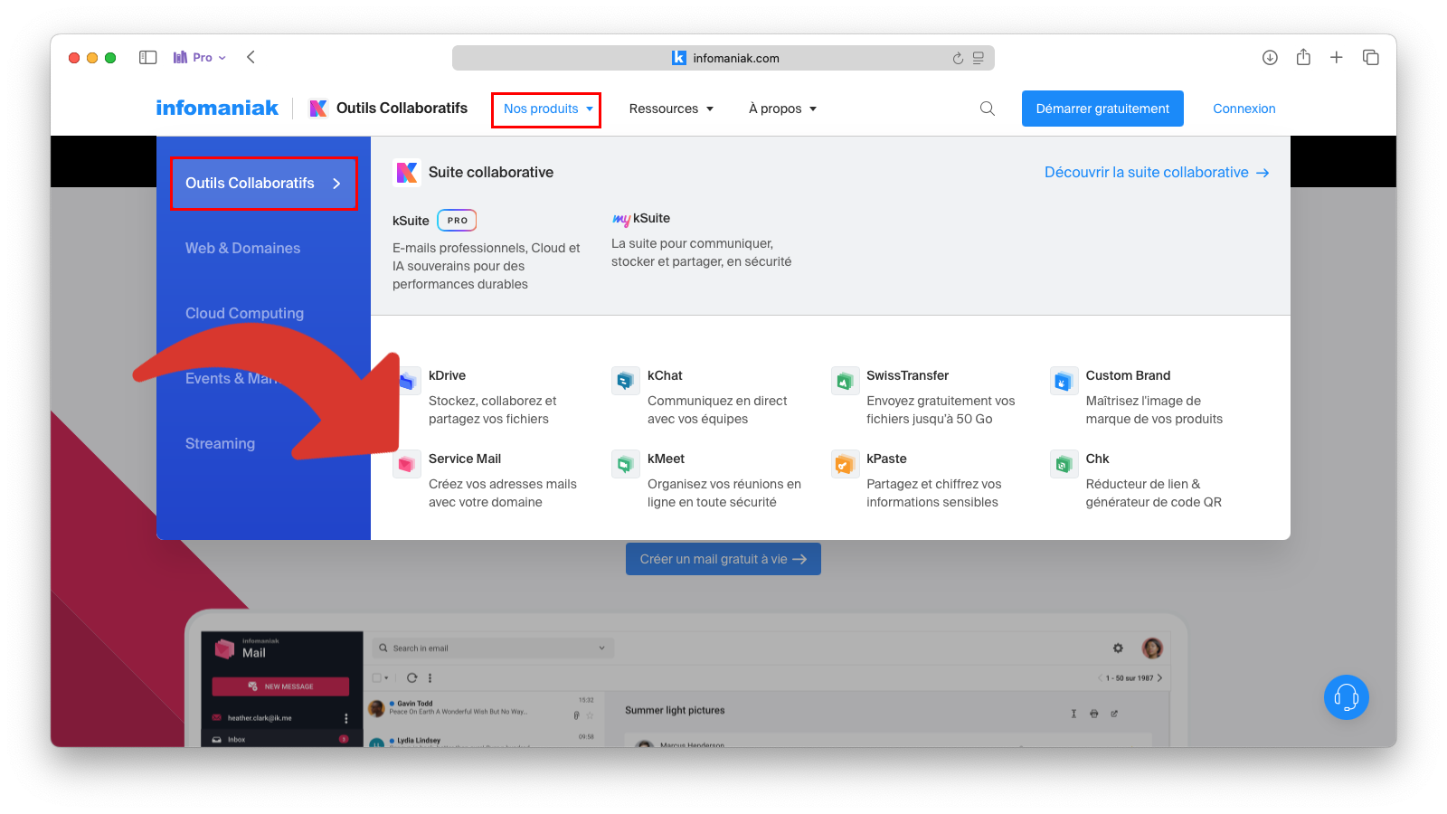 Rendez-vous sur la page du Service Mail d'Infomaniak © Clubic