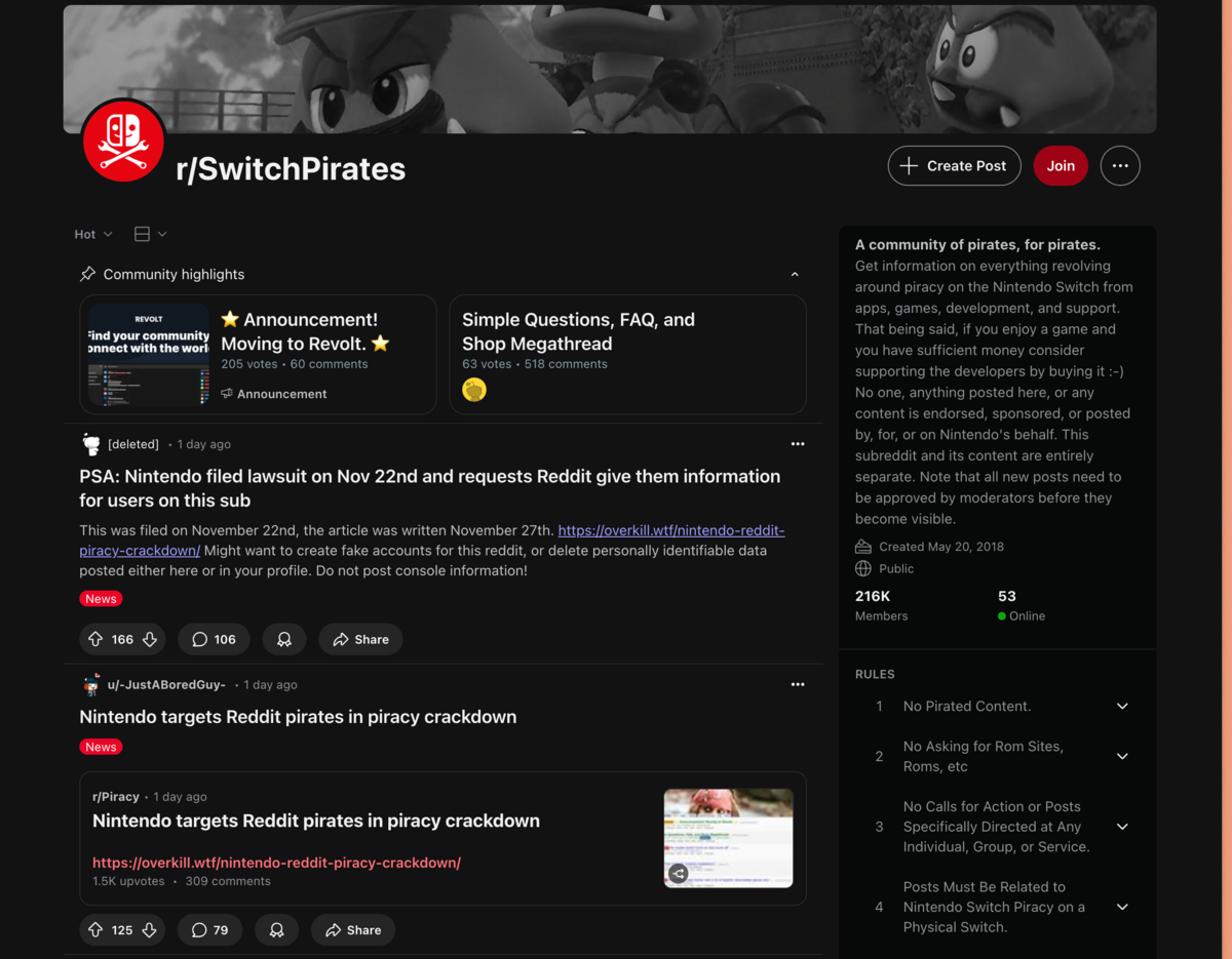 L'accueil du subreddit, avec les derniers sujets portant tous sur les actions récentes de Nintendo. © Clubic