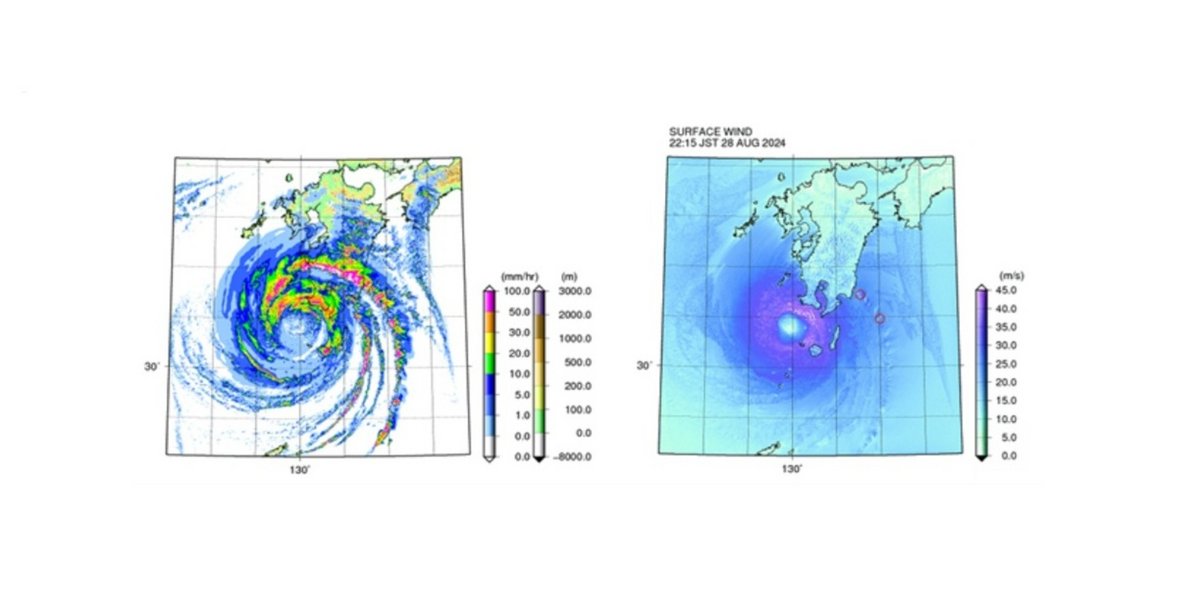 Résultats de simulation du Typhon n°10 en 2024, montrant les précipitations (à gauche) et la vitesse du vent (à droite). Le cercle rouge à droite met en évidence une zone de vents puissants tourbillonnants © Fujitsu / Université Nationale de Yokohama