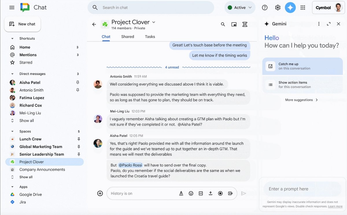 Un nouveau panneau latéral Gemini intégré dans Google Chat © Google