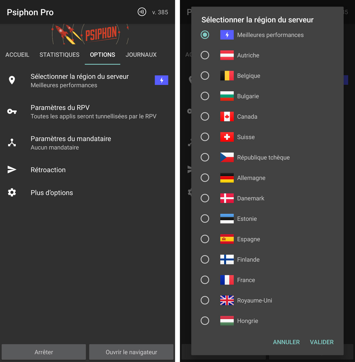 psiphon interface mobile options