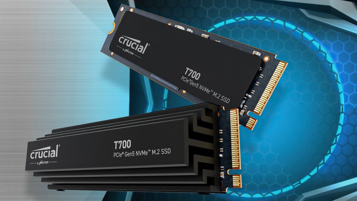 En bas, le SSD Crucial T700 PCI Gen 5 et son refroidisseur XXL. © Crucial